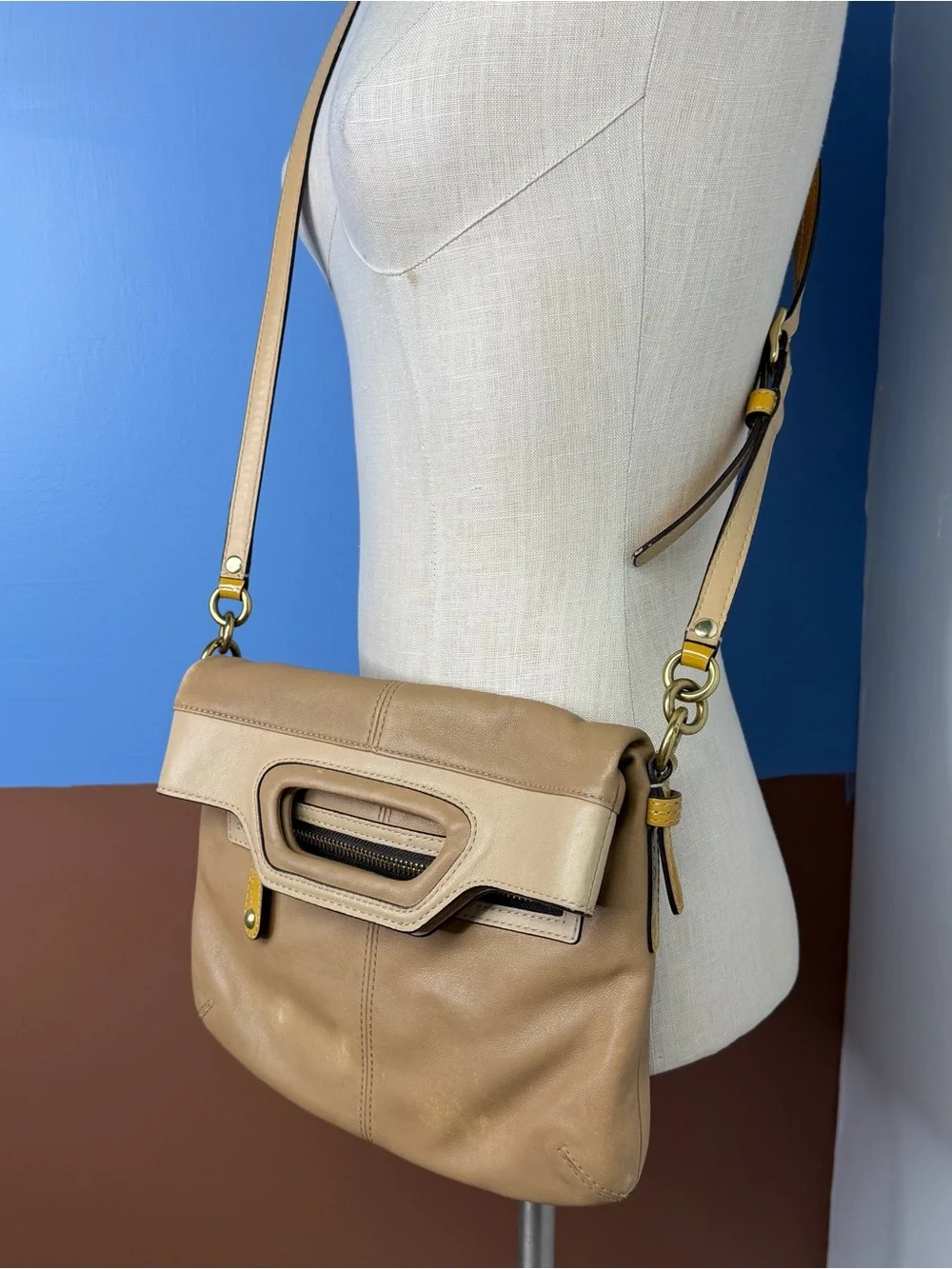 Coach Bonnie Leather Foldover Bag 13388 - Tan Crossbody Purse - Y2K Shoulder Bag